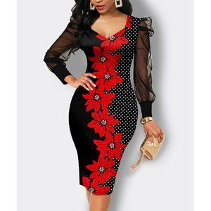 Women Fashion Elegant Floral Print See-Through Mesh Long Sleeve Midi Dress